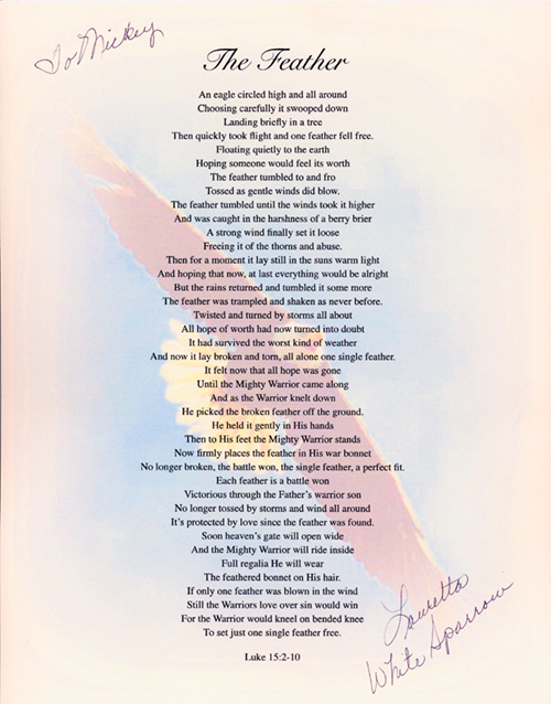 The Feather, a poem by Lauretta White Sparrow, by permission, 2007
